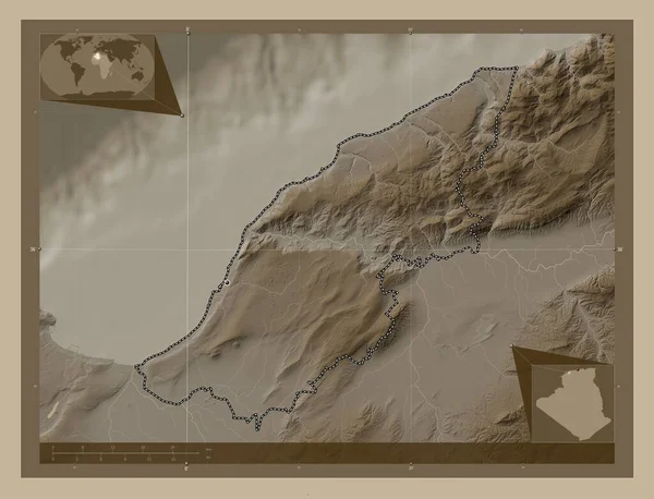 Мостаганем Провинция Алжир Карта Высоты Окрашенная Сепиевые Тона Озерами Реками — стоковое фото