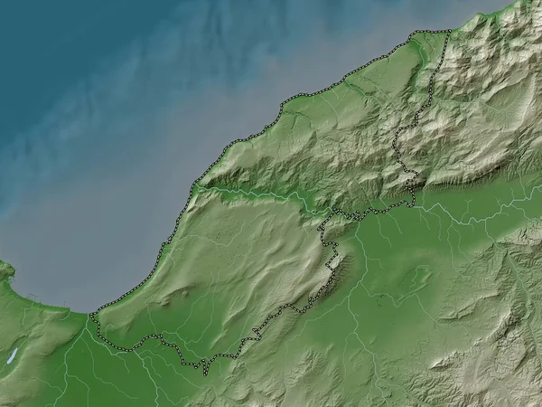 Mostaganem Provincie Algerije Hoogtekaart Gekleurd Wiki Stijl Met Meren Rivieren — Stockfoto