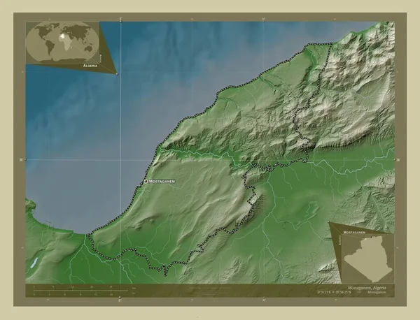 Mostaganem 阿尔及利亚省 用Wiki风格绘制的带有湖泊和河流的高程地图 该区域主要城市的地点和名称 角辅助位置图 — 图库照片