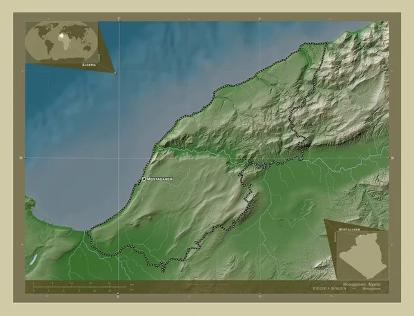 Mostaganem Province Algeria Elevation Map Colored Wiki Style Lakes Rivers — Stock Photo, Image