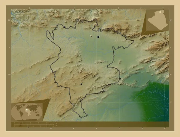 Sila 阿尔及利亚省 有湖泊和河流的彩色高程图 该区域主要城市的所在地点 角辅助位置图 — 图库照片