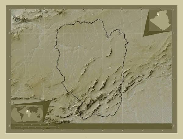 阿尔及利亚Naama省 用Wiki风格绘制的带有湖泊和河流的高程地图 角辅助位置图 — 图库照片