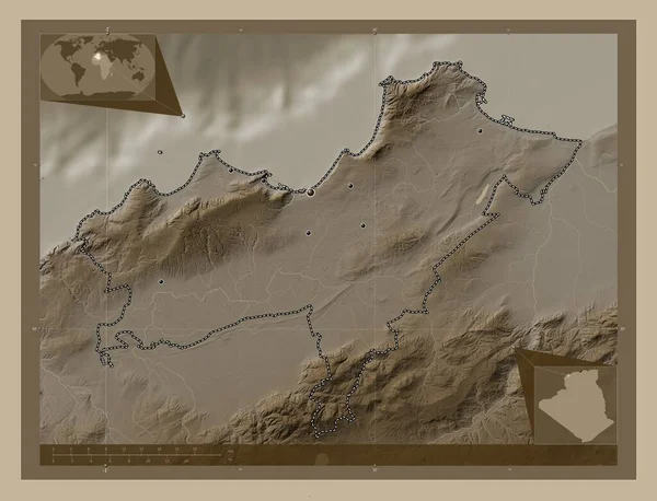 Оран Провинция Алжир Карта Высоты Окрашенная Сепиевые Тона Озерами Реками — стоковое фото