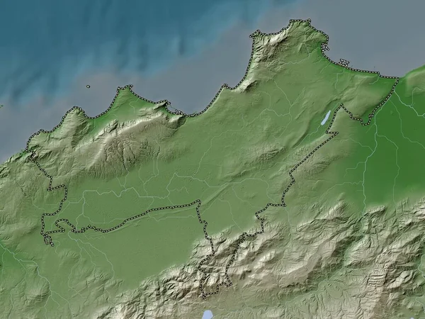 Oran Cezayir Vilayeti Yükseklik Haritası Göller Nehirlerle Wiki Stilinde Renklendirilmiştir — Stok fotoğraf