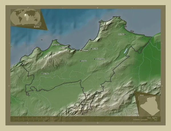 阿尔及利亚省 用Wiki风格绘制的带有湖泊和河流的高程地图 该区域主要城市的地点和名称 角辅助位置图 — 图库照片