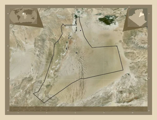 阿尔及利亚省Ouargla 高分辨率卫星地图 该区域主要城市的所在地点 角辅助位置图 — 图库照片