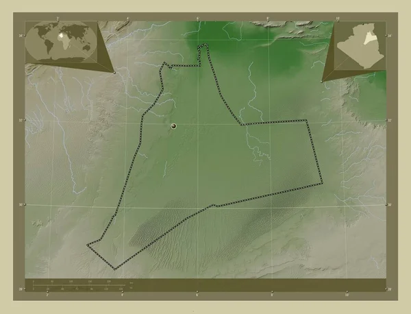 阿尔及利亚省Ouargla 用Wiki风格绘制的带有湖泊和河流的高程地图 角辅助位置图 — 图库照片