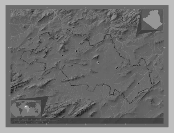 Oum Bouaghi Province Algeria Grayscale Elevation Map Lakes Rivers Locations — Stock Photo, Image