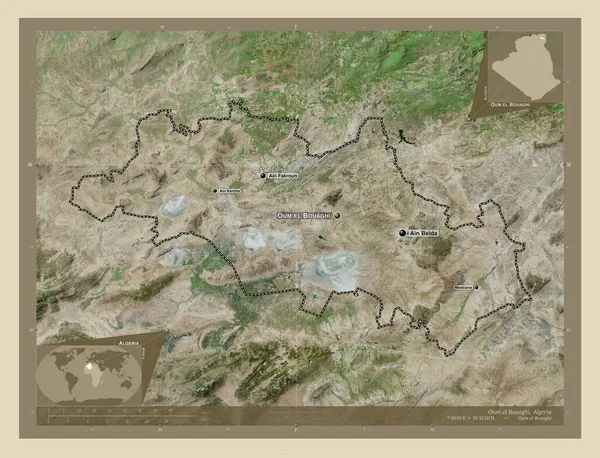 Oum Bouaghi 阿尔及利亚省 高分辨率卫星地图 该区域主要城市的地点和名称 角辅助位置图 — 图库照片