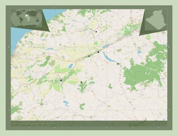 アルジェリアのレリジン県 ストリートマップを開く 地域の主要都市の場所 コーナー補助位置図 — ストック写真