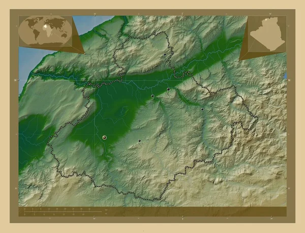 Relizane Provincie Algerije Gekleurde Hoogtekaart Met Meren Rivieren Locaties Van — Stockfoto