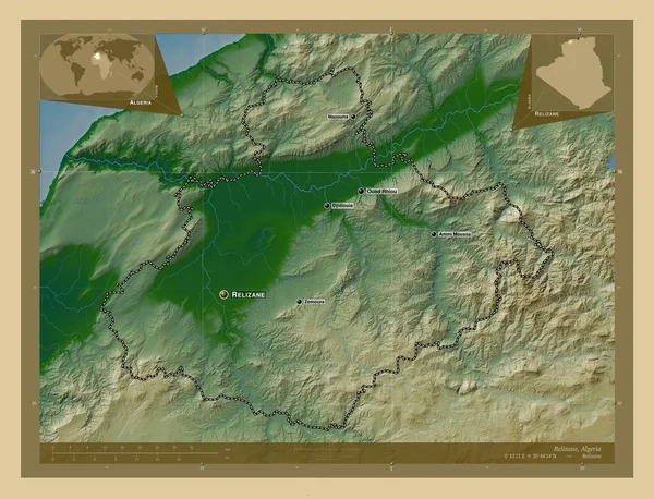 アルジェリアのレリジン県 湖や川と色の標高マップ 地域の主要都市の位置と名前 コーナー補助位置図 — ストック写真