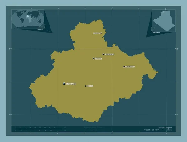アルジェリアのレリジン県 しっかりした色の形 地域の主要都市の位置と名前 コーナー補助位置図 — ストック写真