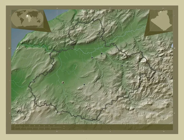 阿尔及利亚省Relizane 用Wiki风格绘制的带有湖泊和河流的高程地图 该区域主要城市的所在地点 角辅助位置图 — 图库照片