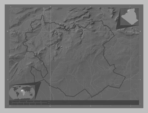 Saida Provinz Algerien Graustufen Höhenkarte Mit Seen Und Flüssen Eck — Stockfoto