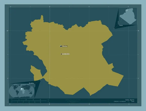 Saida Province Algeria 固体的颜色形状 该区域主要城市的地点和名称 角辅助位置图 — 图库照片