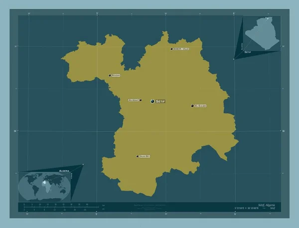 アルジェリアのセティフ県 しっかりした色の形 地域の主要都市の位置と名前 コーナー補助位置図 — ストック写真