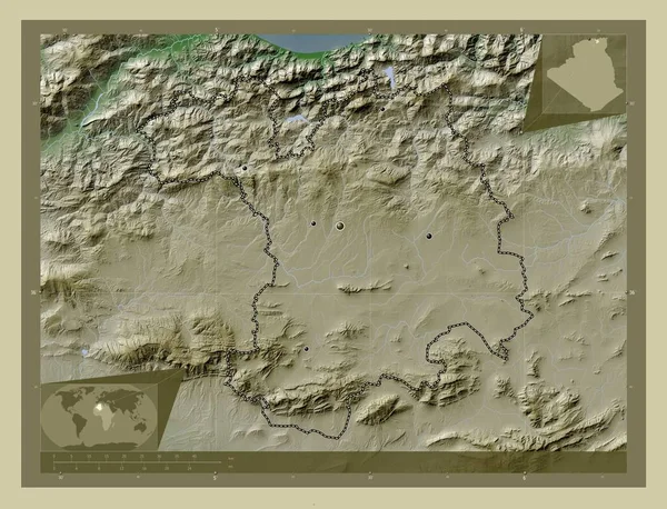Setif Province Algeria 用Wiki风格绘制的带有湖泊和河流的高程地图 该区域主要城市的所在地点 角辅助位置图 — 图库照片