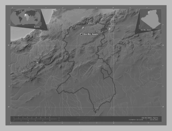 アルジェリアのシディ アブ州 湖や川とグレースケールの標高マップ 地域の主要都市の位置と名前 コーナー補助位置図 — ストック写真