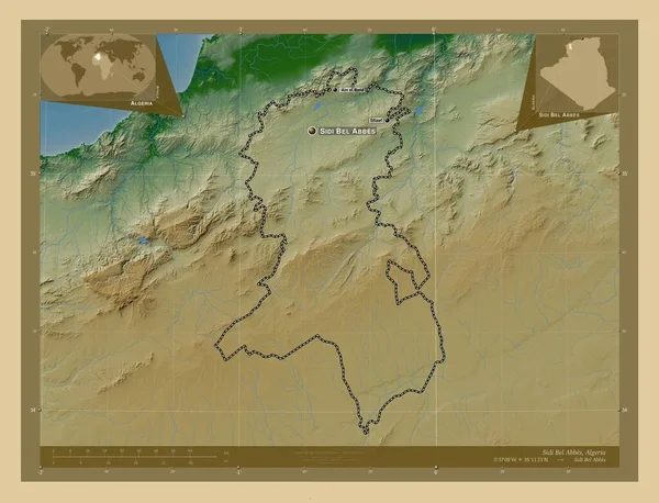 アルジェリアのシディ アブ州 湖や川と色の標高マップ 地域の主要都市の位置と名前 コーナー補助位置図 — ストック写真