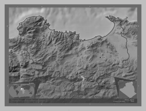 Skikda Provinz Algerien Graustufen Höhenkarte Mit Seen Und Flüssen Orte — Stockfoto