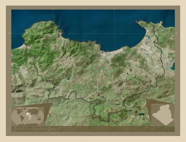 阿尔及利亚斯基达省 高分辨率卫星地图 该区域主要城市的所在地点 角辅助位置图 — 图库照片