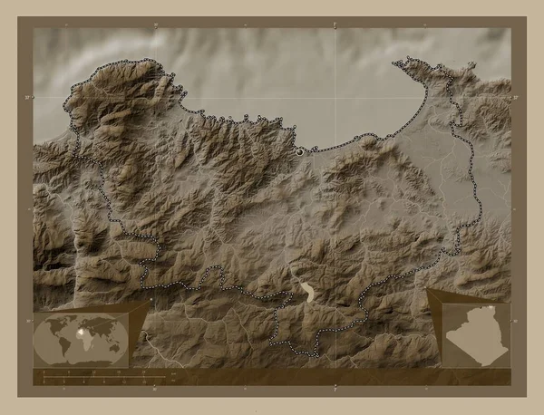 Skikda Provincia Algeria Mappa Elevazione Colorata Toni Seppia Con Laghi — Foto Stock