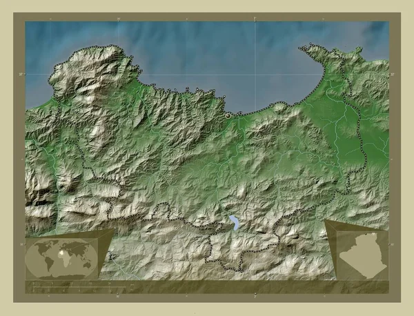 阿尔及利亚斯基达省 用Wiki风格绘制的带有湖泊和河流的高程地图 角辅助位置图 — 图库照片