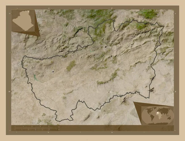 アルジェリアのソーク アフラス州 低解像度衛星地図 地域の主要都市の場所 コーナー補助位置図 — ストック写真