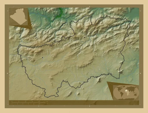 アルジェリアのソーク アフラス州 湖や川と色の標高マップ 地域の主要都市の場所 コーナー補助位置図 — ストック写真