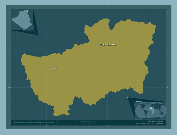 アルジェリアのソーク アフラス州 しっかりした色の形 地域の主要都市の位置と名前 コーナー補助位置図 — ストック写真