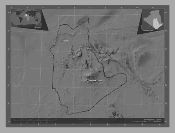 アルジェリアのタマンガセット州 湖や川と二階の標高マップ 地域の主要都市の位置と名前 コーナー補助位置図 — ストック写真