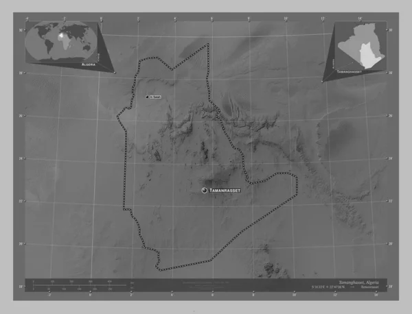 Tamanghasset Province Algeria Grayscale Elevation Map Lakes Rivers Locations Names — Stock Photo, Image