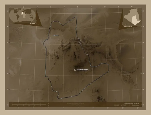 Tamanghasset Provincie Algerije Hoogtekaart Gekleurd Sepia Tinten Met Meren Rivieren — Stockfoto