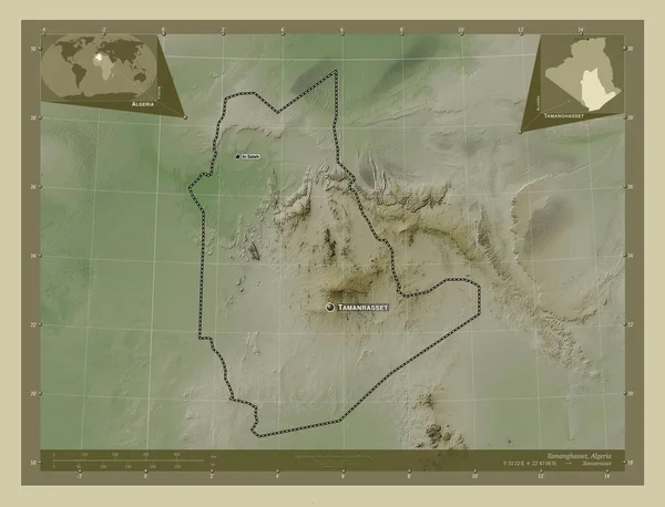 塔曼哈塞特 阿尔及利亚省 用Wiki风格绘制的带有湖泊和河流的高程地图 该区域主要城市的地点和名称 角辅助位置图 — 图库照片