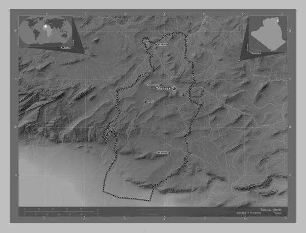 Tebessa Province Algeria Grayscale Elevation Map Lakes Rivers Locations Names — Stock Photo, Image