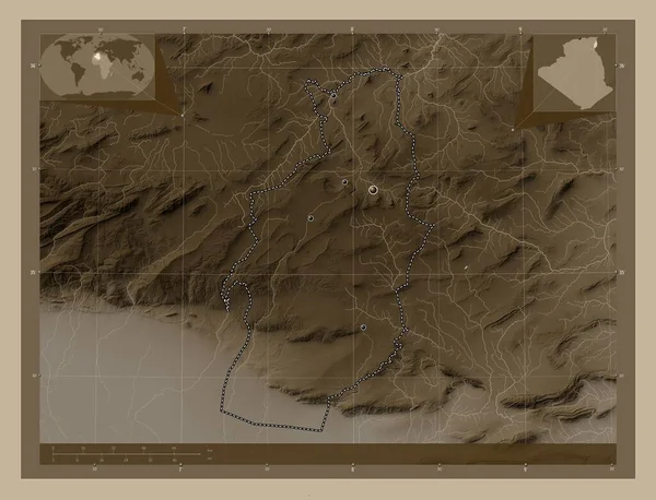 Тебесса Провинция Алжир Карта Высоты Окрашенная Сепиевые Тона Озерами Реками — стоковое фото