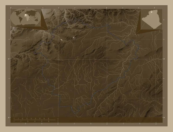 Tiaret Province Algeria Elevation Map Colored Sepia Tones Lakes Rivers — Stock Photo, Image