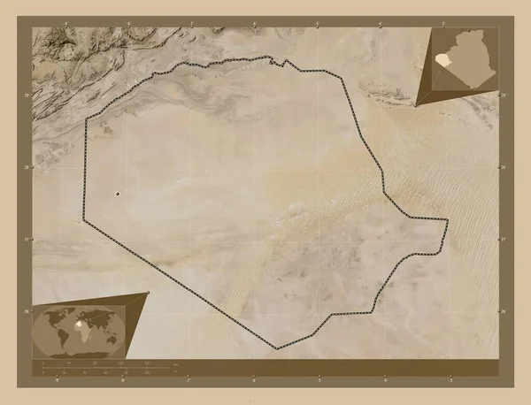 阿尔及利亚省廷杜夫 低分辨率卫星地图 该区域主要城市的所在地点 角辅助位置图 — 图库照片