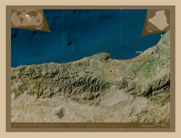 阿尔及利亚Tipaza省 低分辨率卫星地图 该区域主要城市的地点和名称 角辅助位置图 — 图库照片