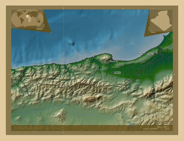 Tipaza Prowincja Algieria Kolorowa Mapa Wzniesień Jeziorami Rzekami Lokalizacje Nazwy — Zdjęcie stockowe