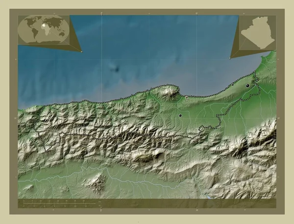 阿尔及利亚Tipaza省 用Wiki风格绘制的带有湖泊和河流的高程地图 该区域主要城市的所在地点 角辅助位置图 — 图库照片