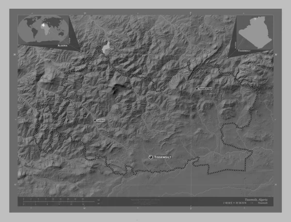 Tissemsilt Provincie Algerije Grayscale Hoogte Kaart Met Meren Rivieren Locaties — Stockfoto