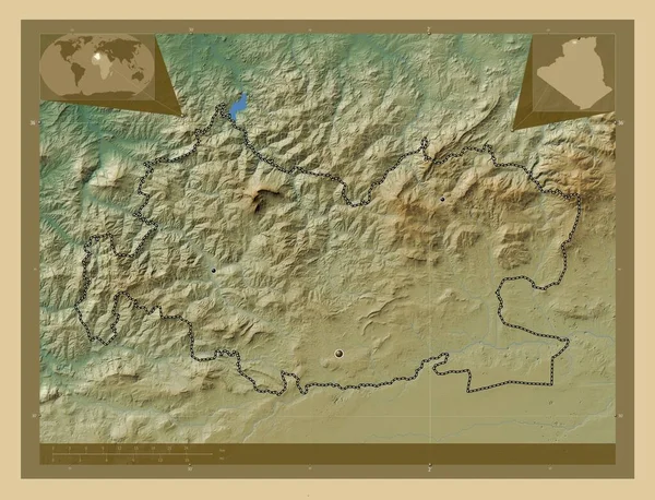 Tissemsilt Prowincja Algieria Kolorowa Mapa Wzniesień Jeziorami Rzekami Lokalizacje Dużych — Zdjęcie stockowe