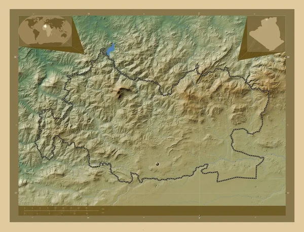 Tissemsilt Provincie Algerije Gekleurde Hoogtekaart Met Meren Rivieren Hulplocatiekaarten Hoek — Stockfoto