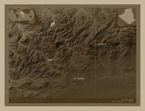 Tissemsilt Provincia Algeria Mappa Elevazione Colorata Toni Seppia Con Laghi — Foto Stock