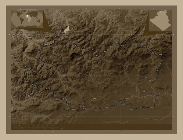 Tissemsilt Провінція Алжир Висота Карти Забарвлена Сепії Тонів Озерами Річками — стокове фото
