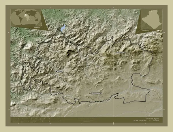 Tissemsilt Provincie Alžírsko Zdvihová Mapa Zbarvená Stylu Wiki Jezery Řekami — Stock fotografie