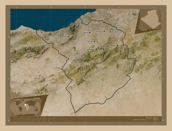 Tlemcen 阿尔及利亚省 低分辨率卫星地图 该区域主要城市的地点和名称 角辅助位置图 — 图库照片