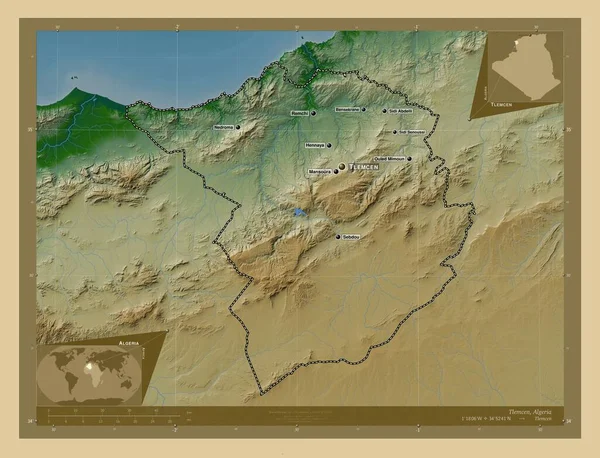 Tlemcen Província Argélia Mapa Elevação Colorido Com Lagos Rios Locais — Fotografia de Stock